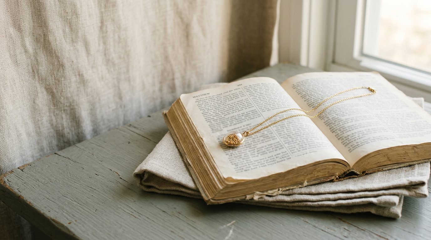 A gold necklace resting on an open Bible by a window