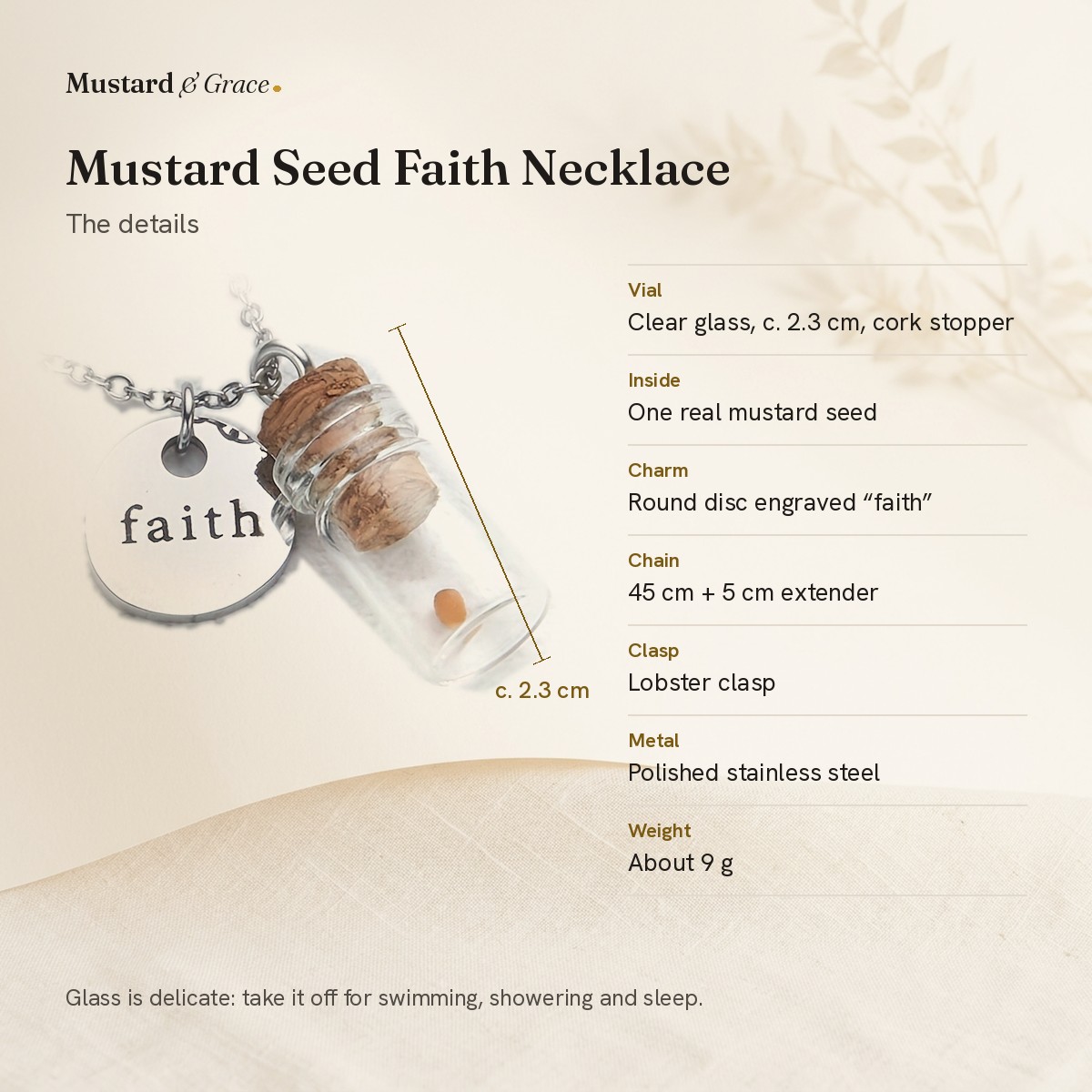 Details: glass vial about 2.3 cm, 45 cm stainless steel chain with 5 cm extender, lobster clasp, about 9 g