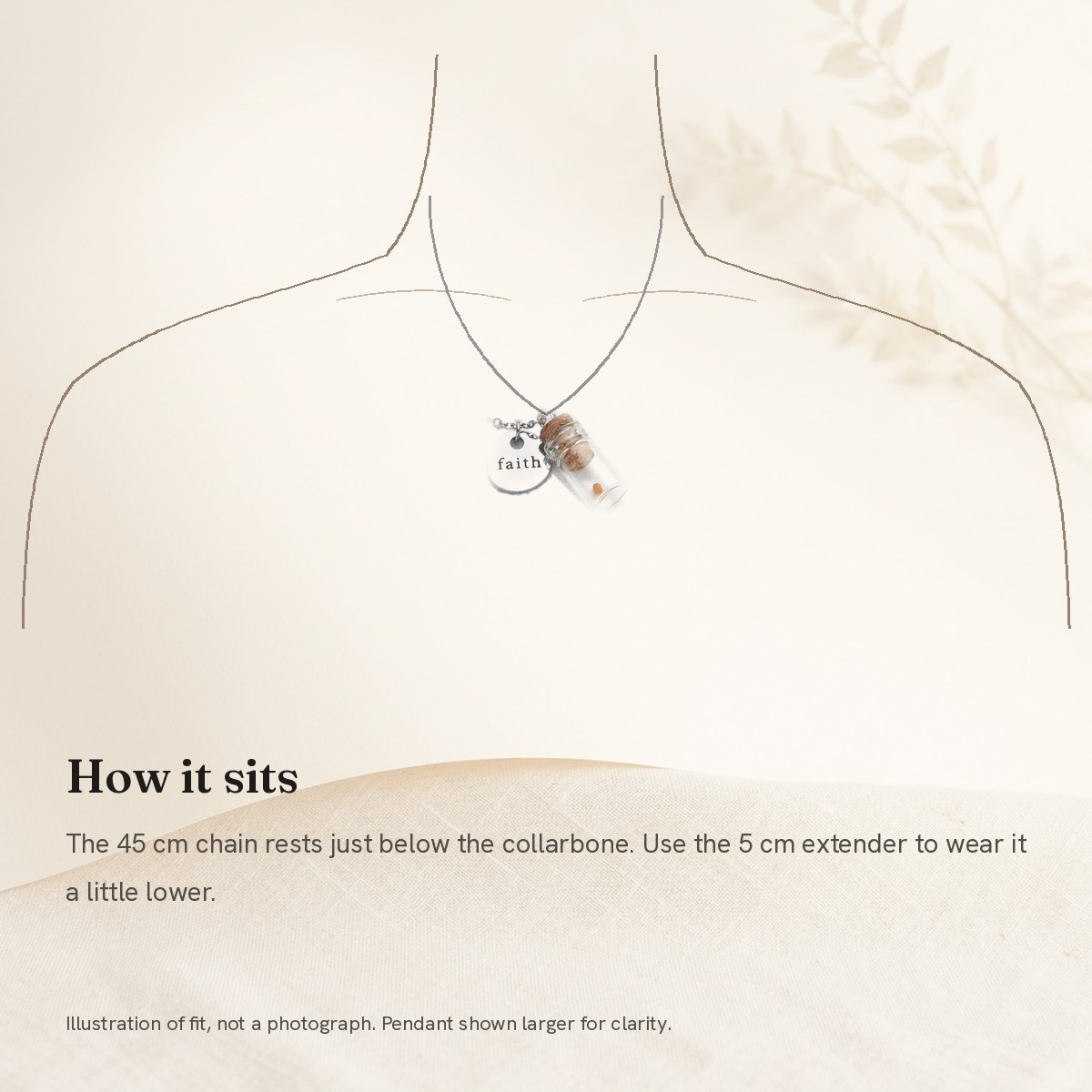 Illustration of how the 45 cm chain sits just below the collarbone